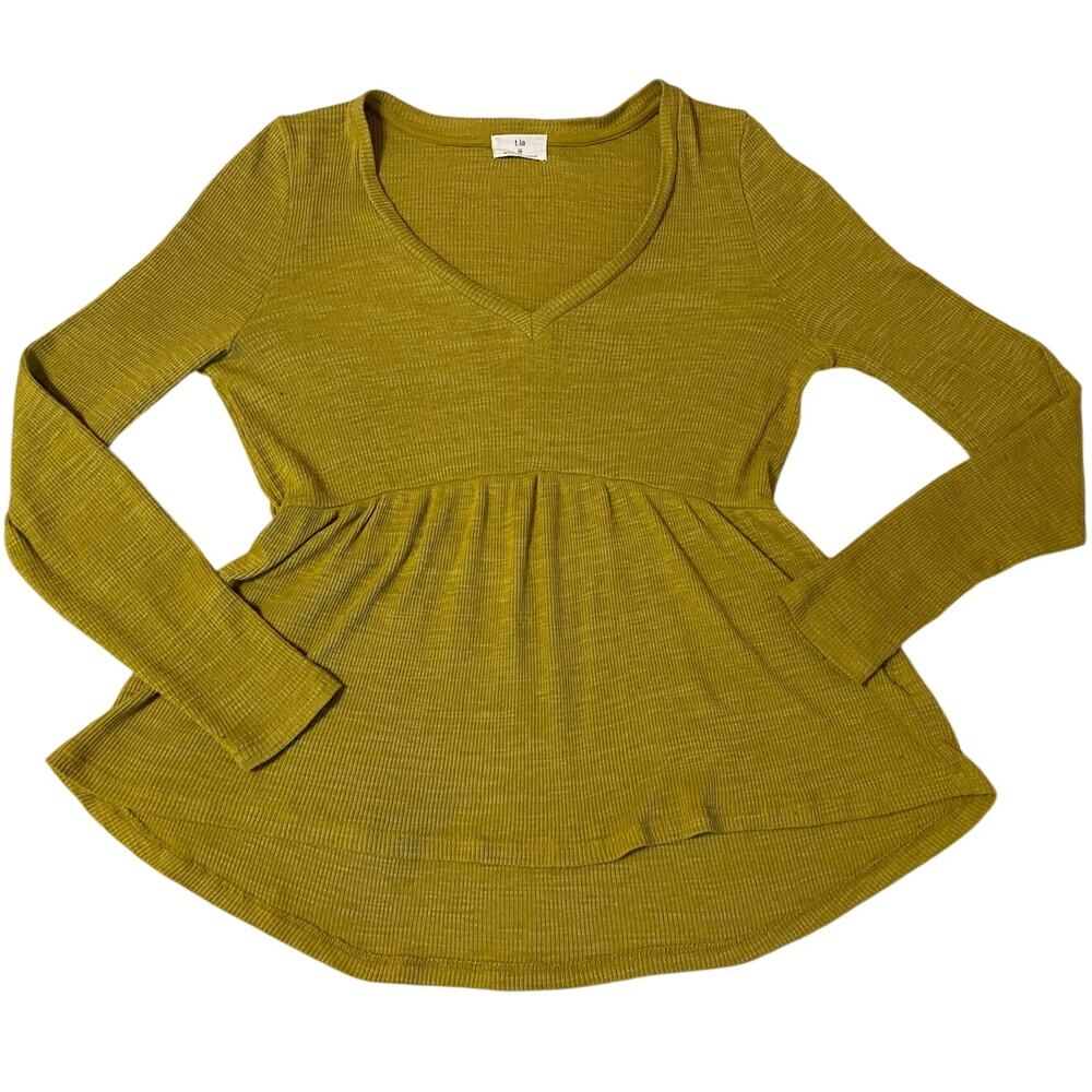 Anthropologie T.La V Neck Ribbed Babydoll Long Sleeve Top Citron Yellow Green XS